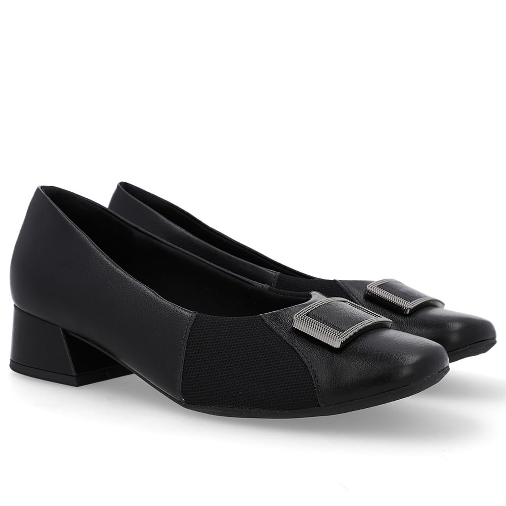 Scarpin Preto Salto Bloco Couro Lateral Tecido Preto 2