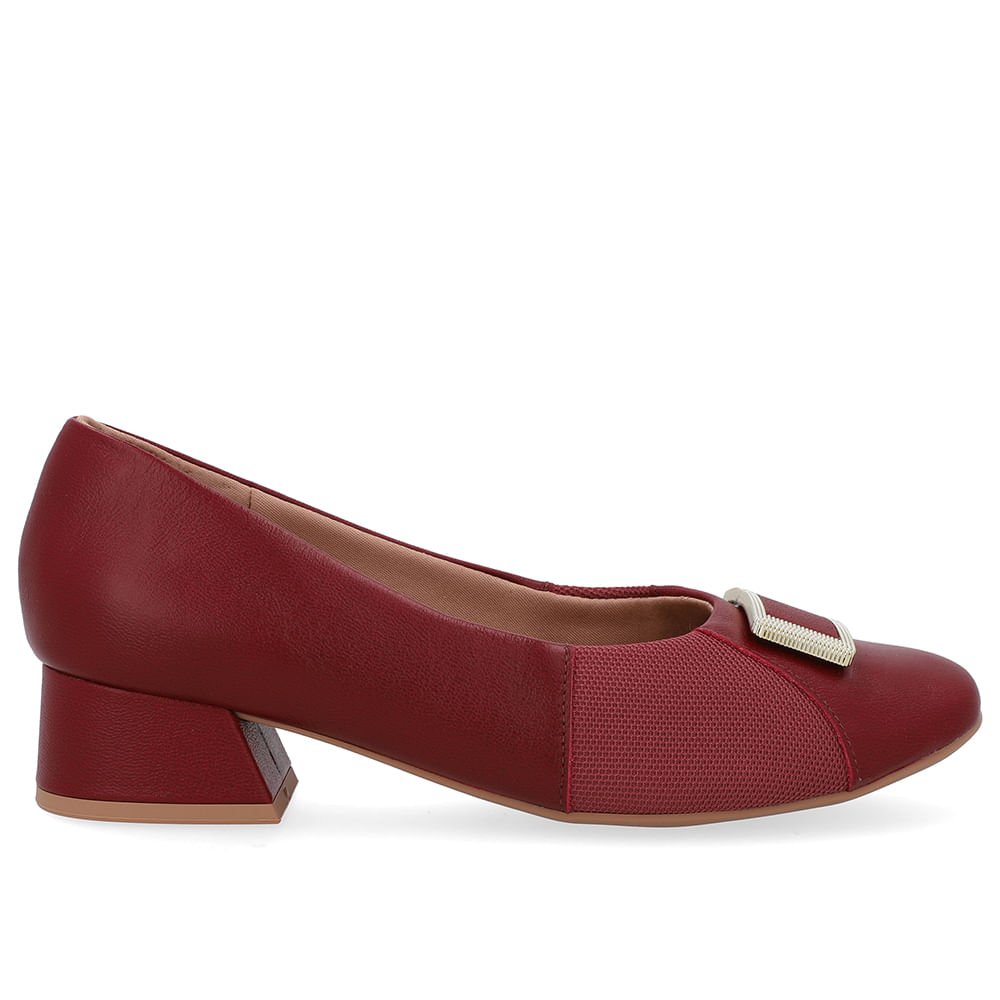 Scarpin Vermelho Salto Bloco Couro Lateral Tecido