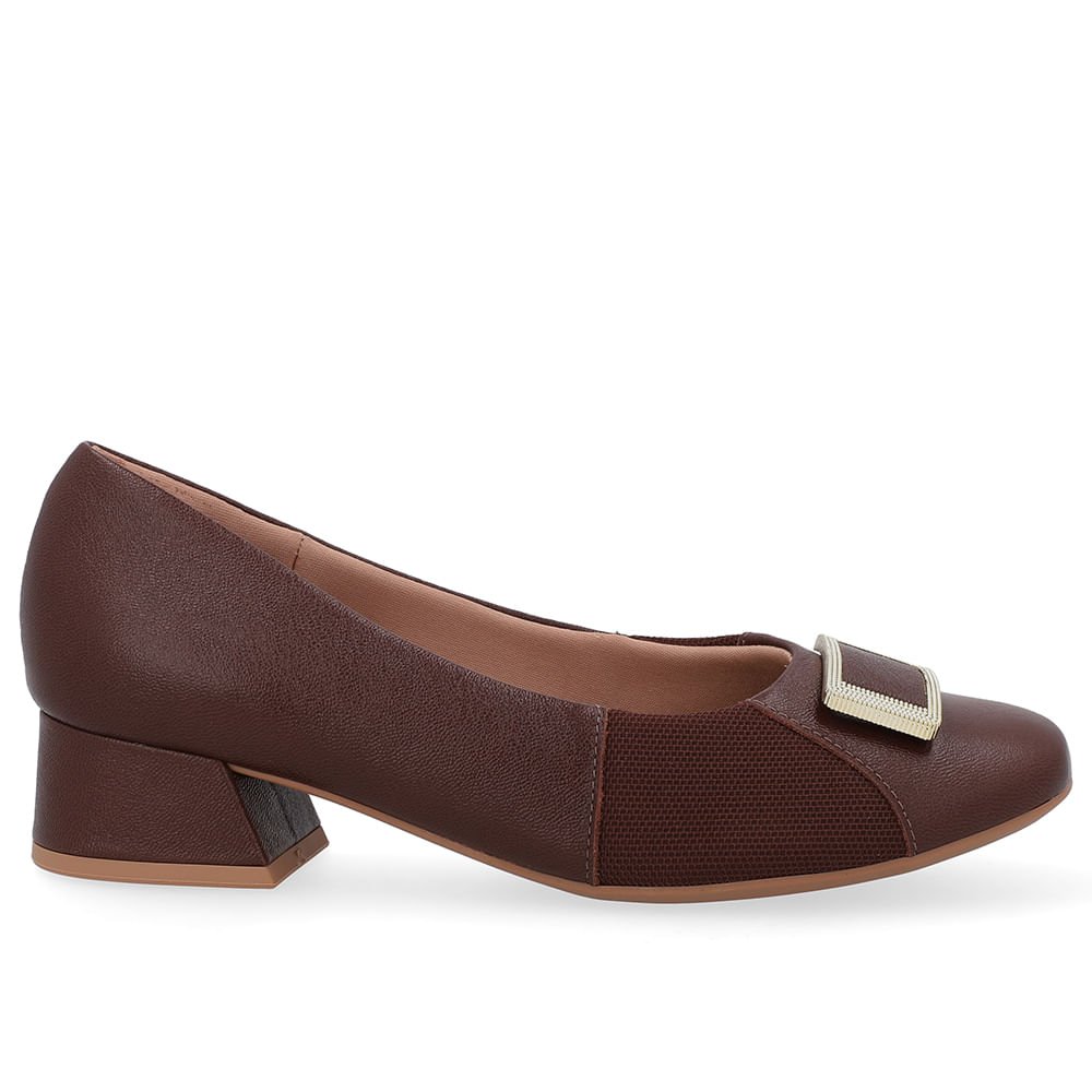 Scarpin Marrom Salto Bloco Couro Lateral Tecido