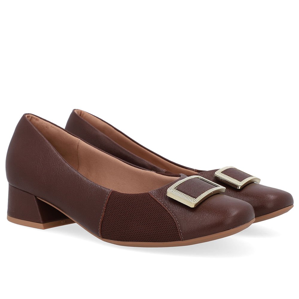 Scarpin Marrom Salto Bloco Couro Lateral Tecido Marrom 2