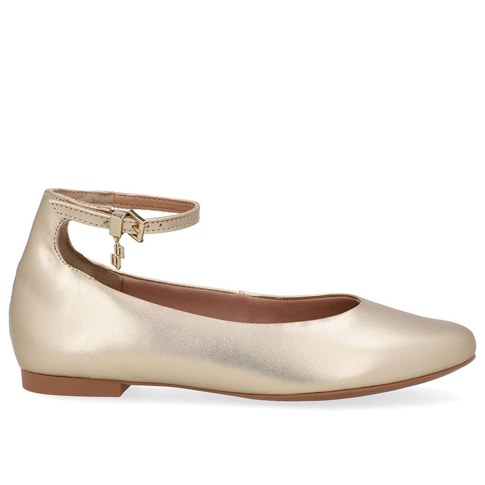 Sapatilha Boneca Dourada Couro Salto Bloco