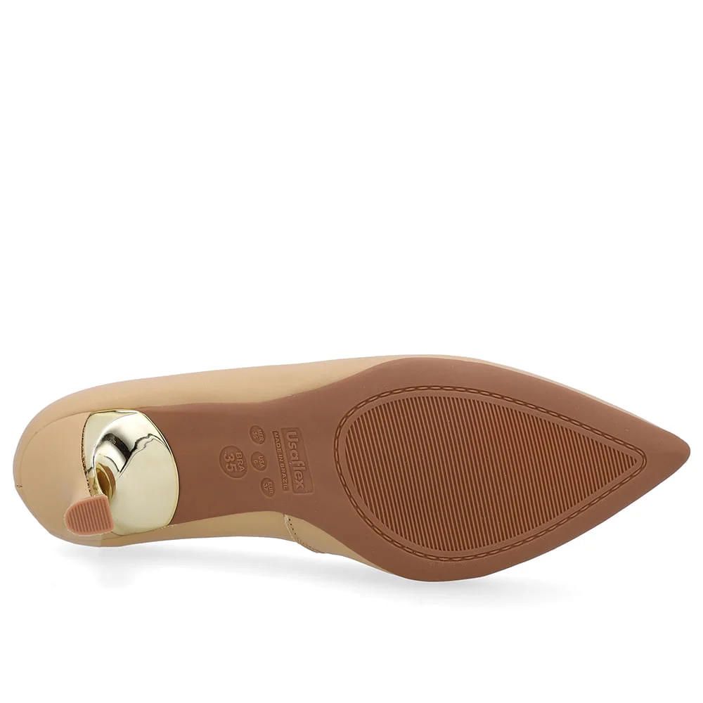 Scarpin Bico Fino Couro Bege Detalhe Salto Bege 5