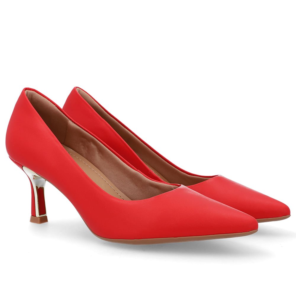Scarpin Bico Fino Couro Vermelho Detalhe Salto Vermelho 2
