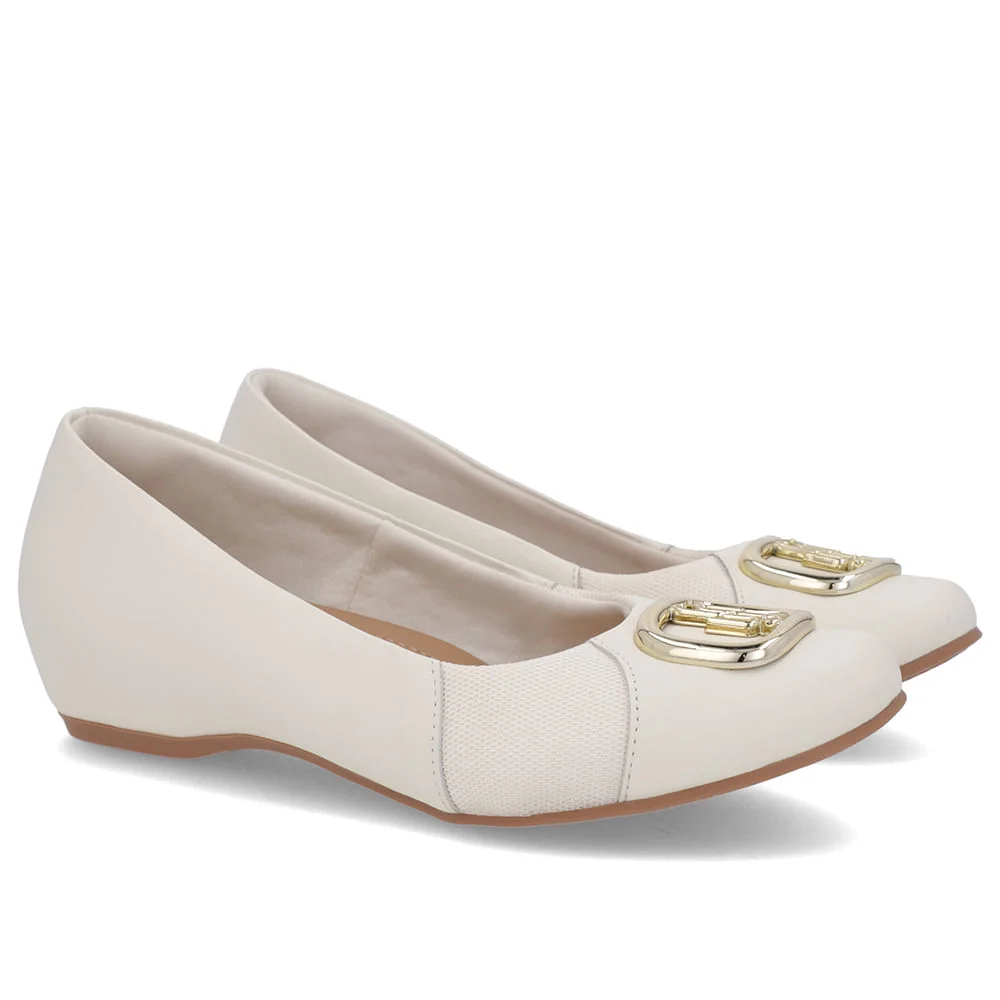 Sapatilha Salto Embutido Couro Branca Marfim Enfeite Branco 2