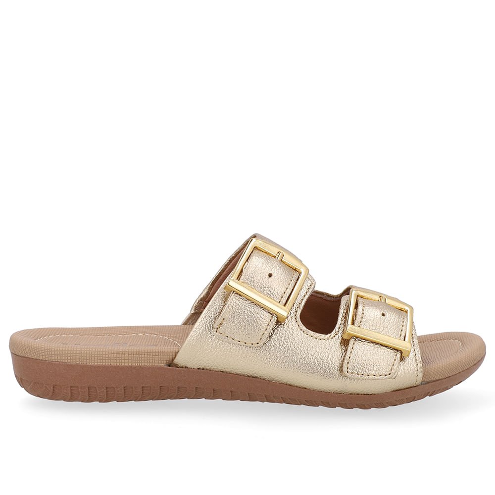 Tamanco Slide Dourado Couro Detalhe Fivela