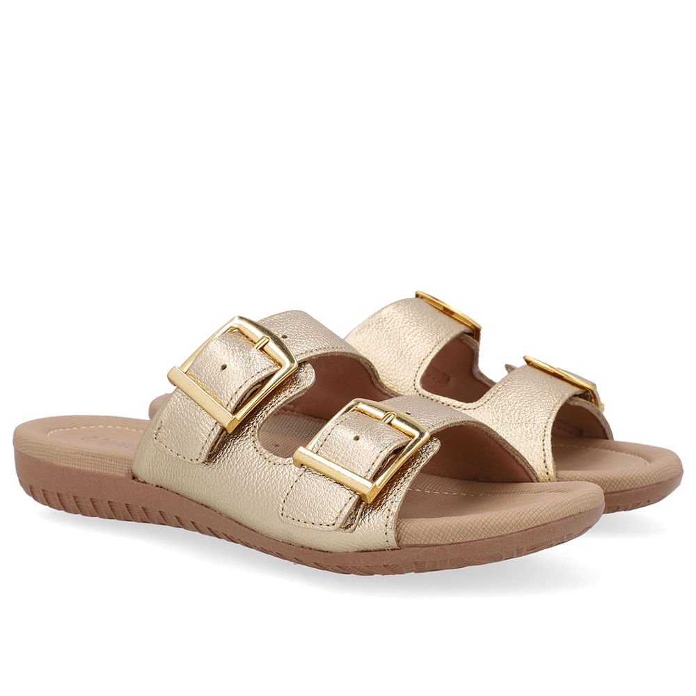 Tamanco Slide Dourado Couro Detalhe Fivela Dourado 2