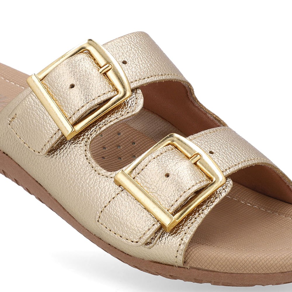 Tamanco Slide Dourado Couro Detalhe Fivela Dourado 4