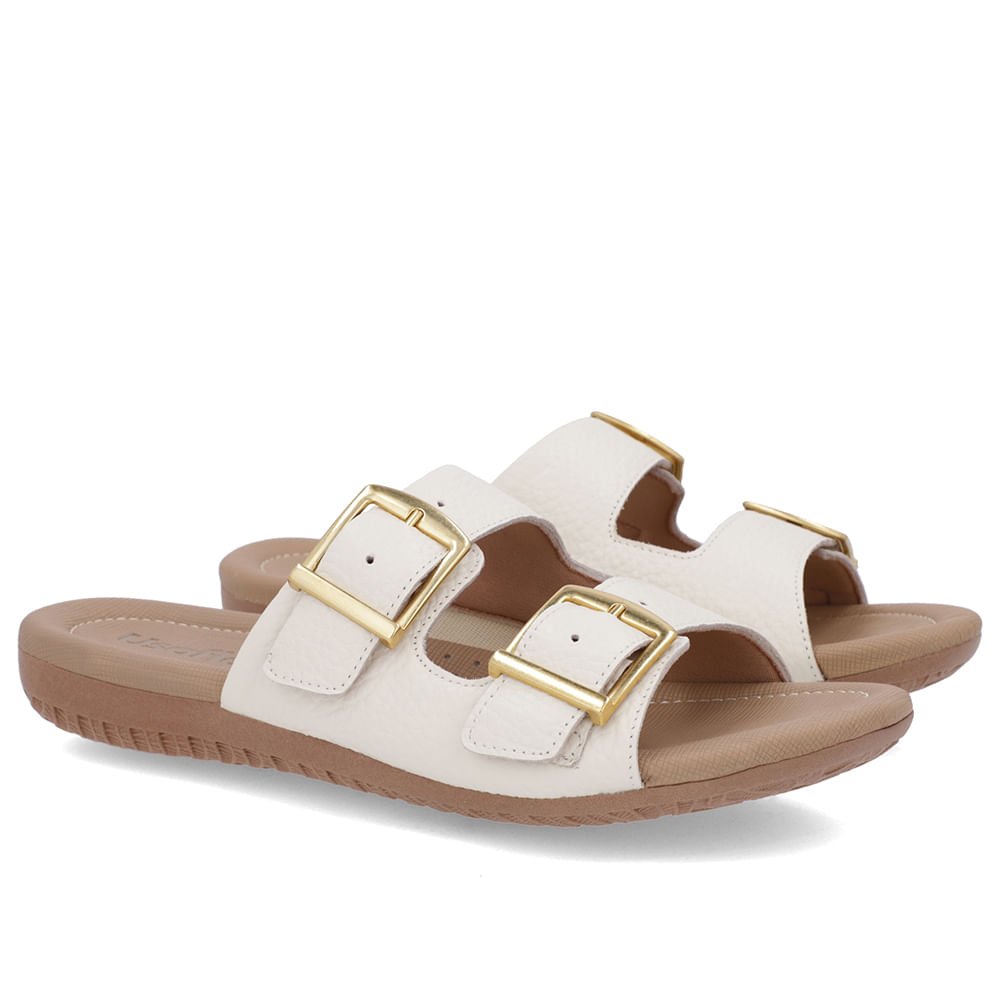 Tamanco Slide Branco Marfim Couro Detalhe Fivela Branco 2