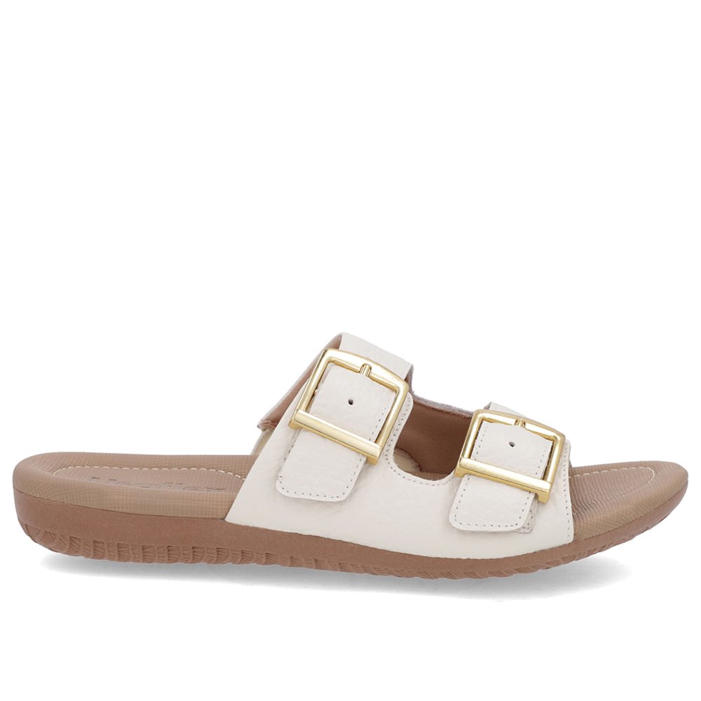 Tamanco Slide Branco Marfim Couro Detalhe Fivela