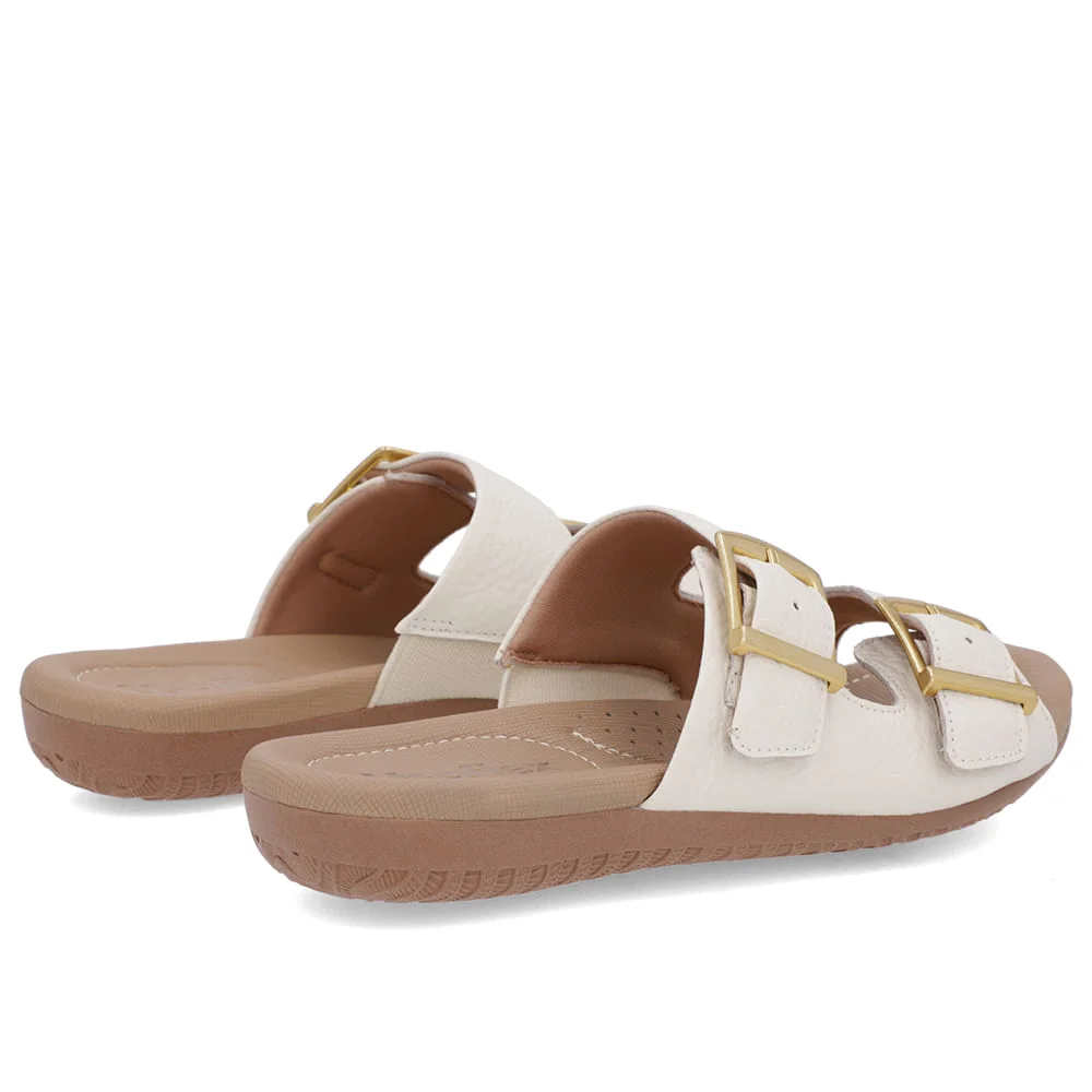 Tamanco Slide Branco Marfim Couro Detalhe Fivela Branco 3