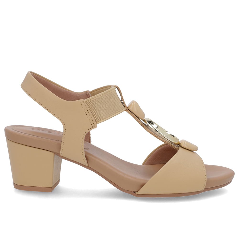 Sandália Salto Bloco Bege Couro Enfeite