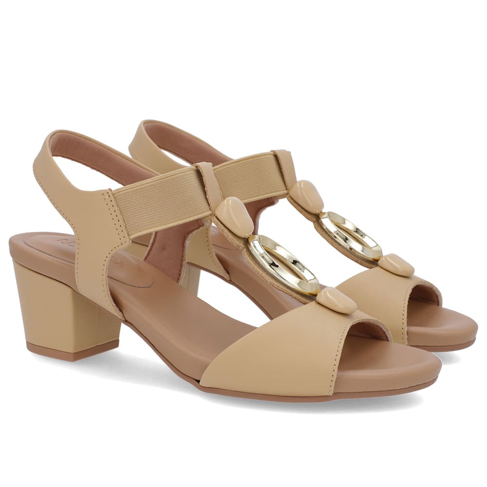Sandália Salto Bloco Bege Couro Enfeite Bege 2