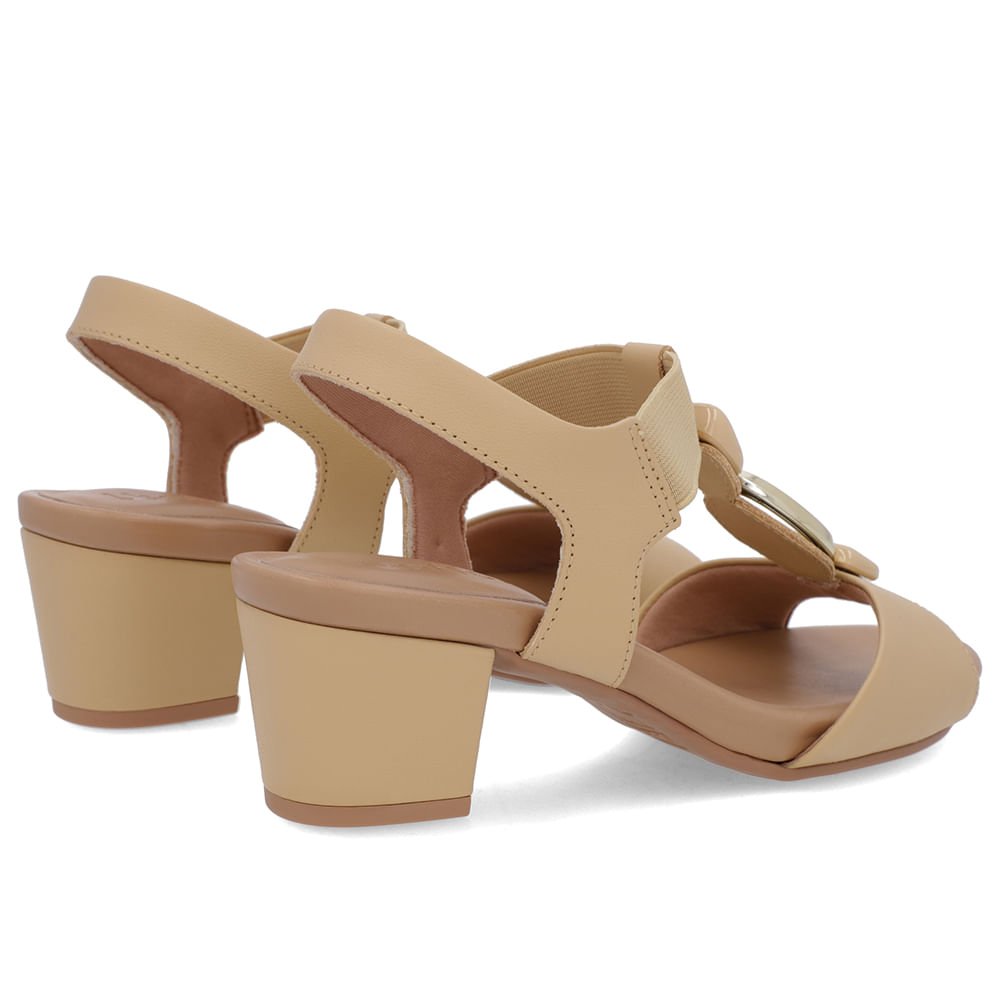 Sandália Salto Bloco Bege Couro Enfeite Bege 3