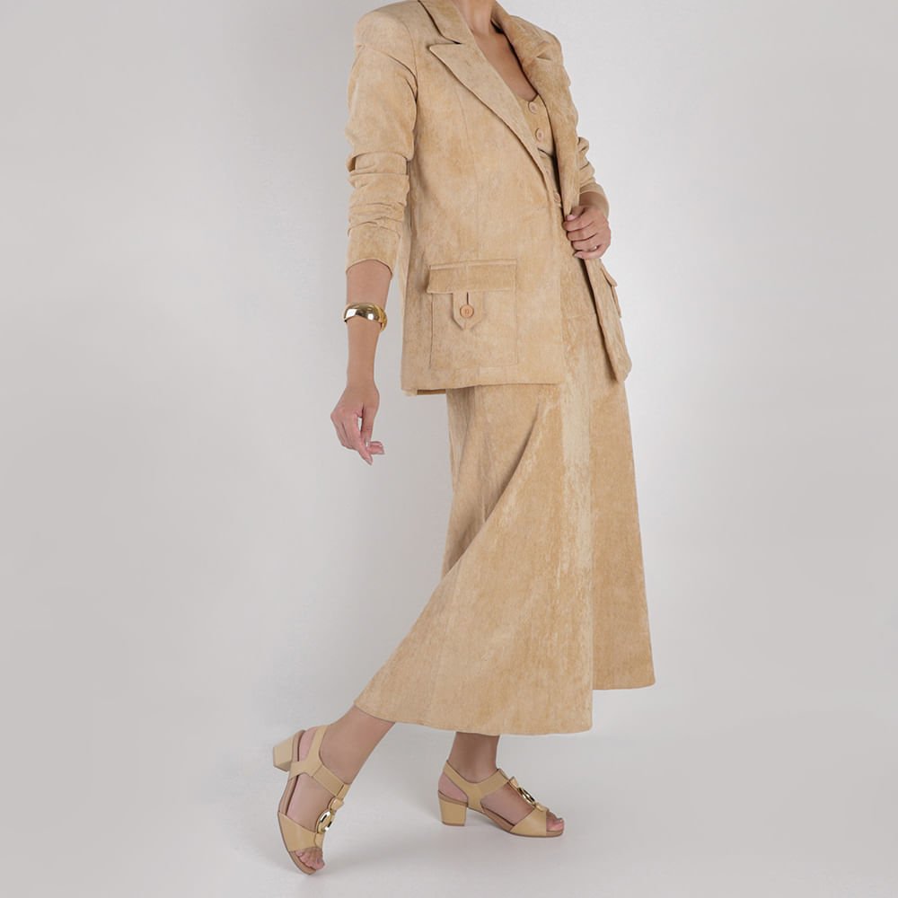 Sandália Salto Bloco Bege Couro Enfeite Bege 4