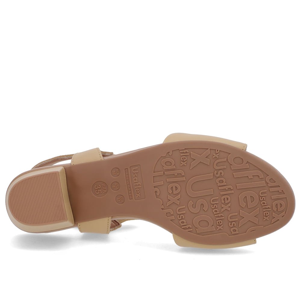 Sandália Salto Bloco Bege Couro Enfeite Bege 5