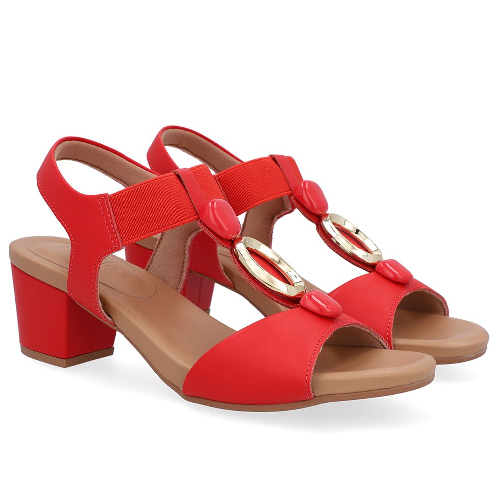 Sandália Salto Bloco Vermelha Couro Enfeite Vermelho 2