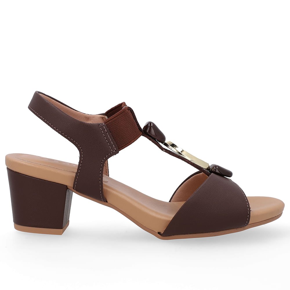 Sandália Salto Bloco Marrom Couro Enfeite