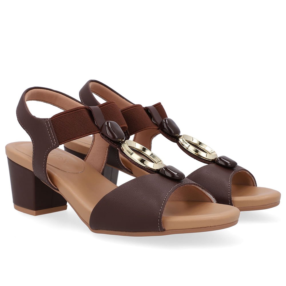 Sandália Salto Bloco Marrom Couro Enfeite Marrom 2