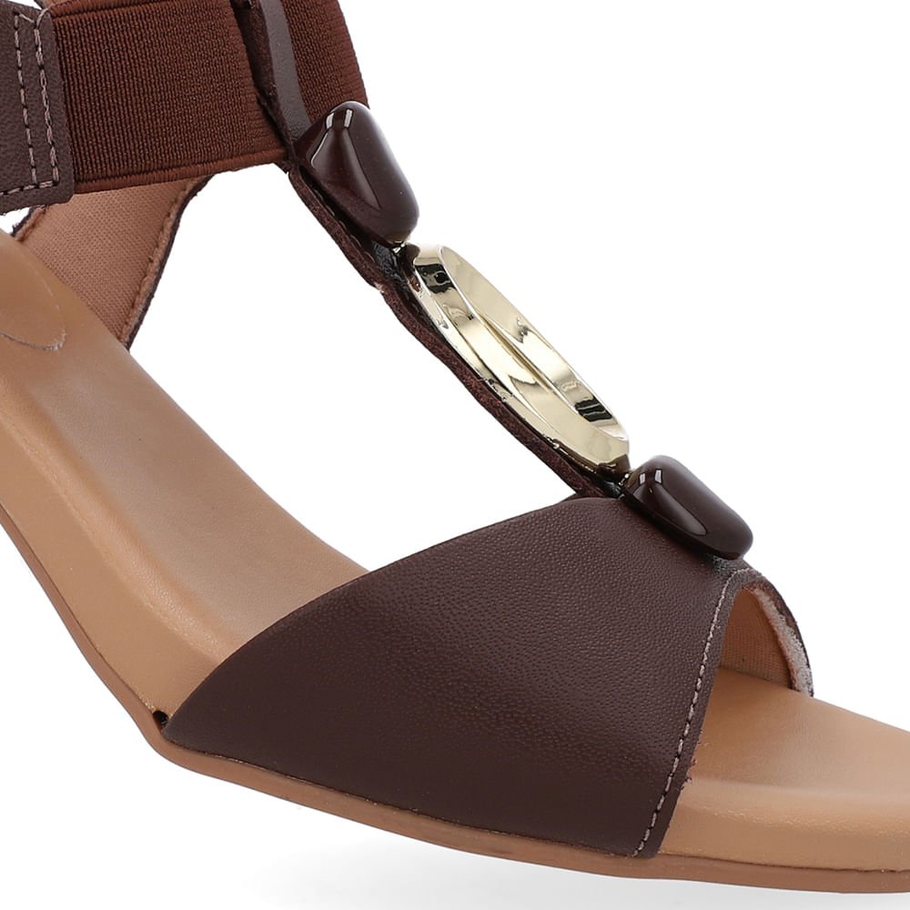 Sandália Salto Bloco Marrom Couro Enfeite Marrom 4