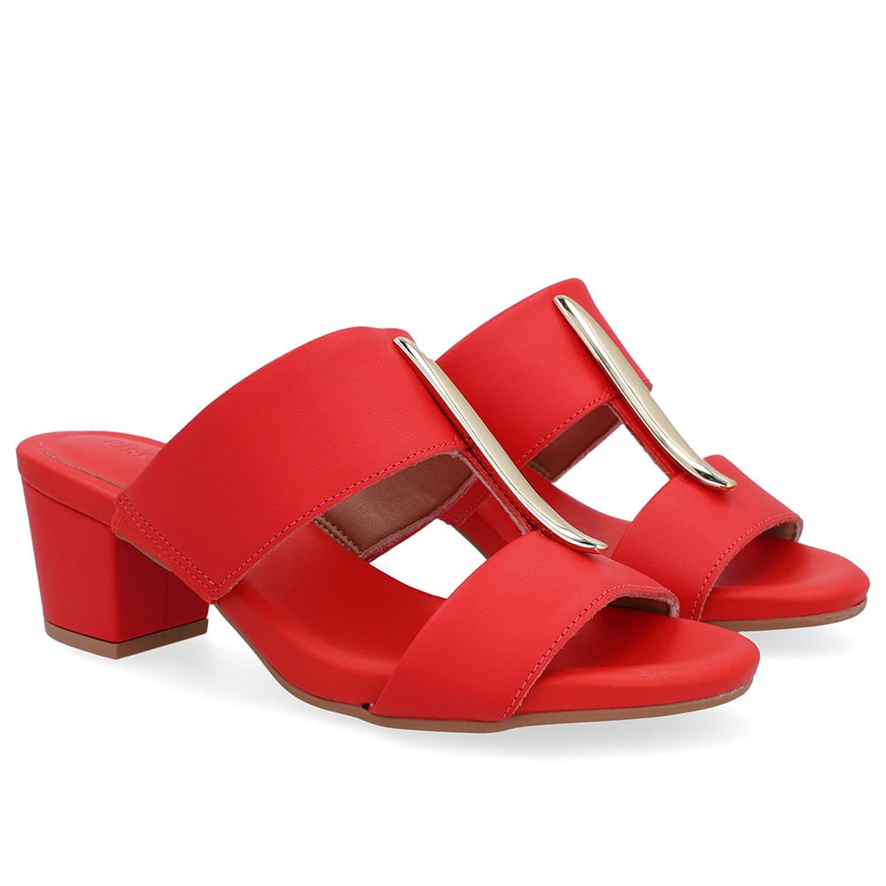 Tamanco Salto Bloco Couro Vermelho Enfeite Vermelho 2