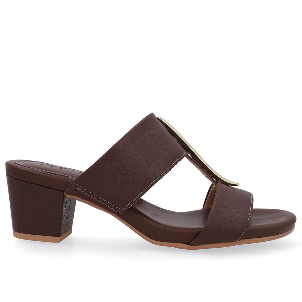 Tamanco Salto Bloco Couro Marrom Enfeite