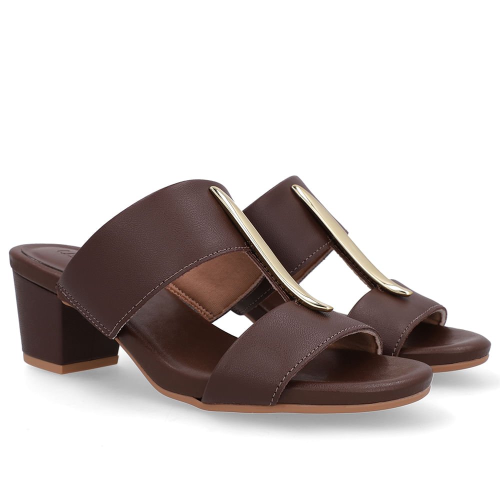 Tamanco Salto Bloco Couro Marrom Enfeite Marrom 2