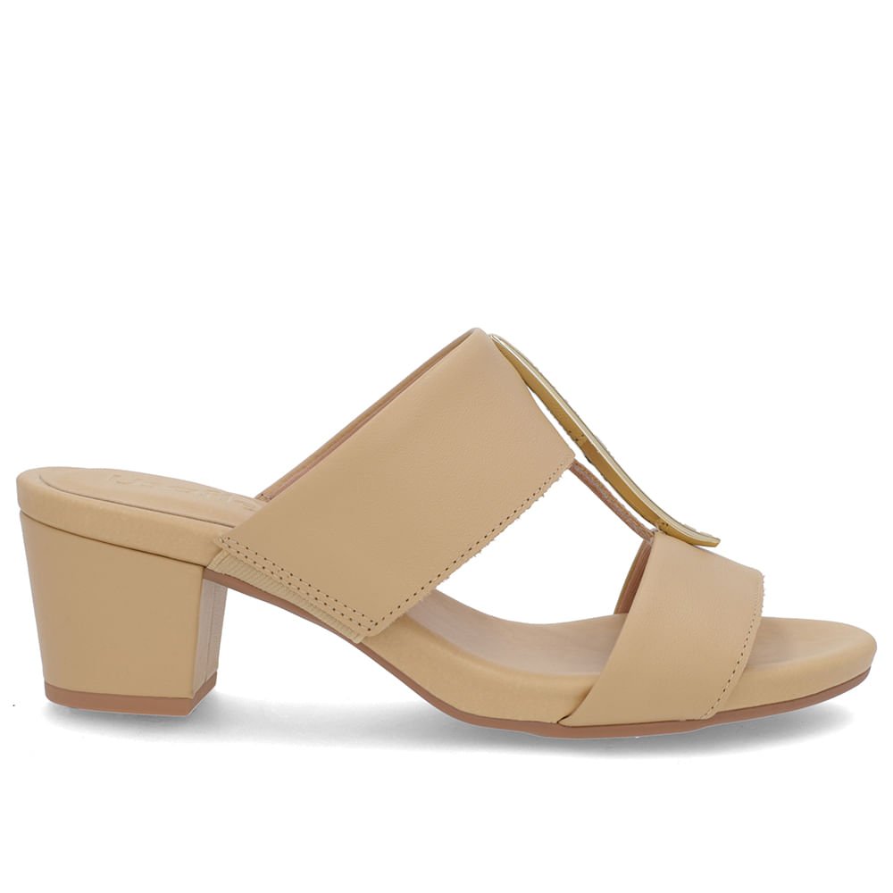 Tamanco Salto Bloco Couro Bege Enfeite