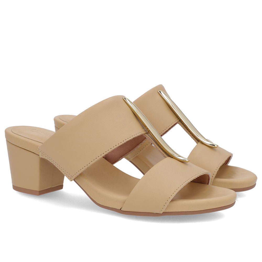 Tamanco Salto Bloco Couro Bege Enfeite Bege 2