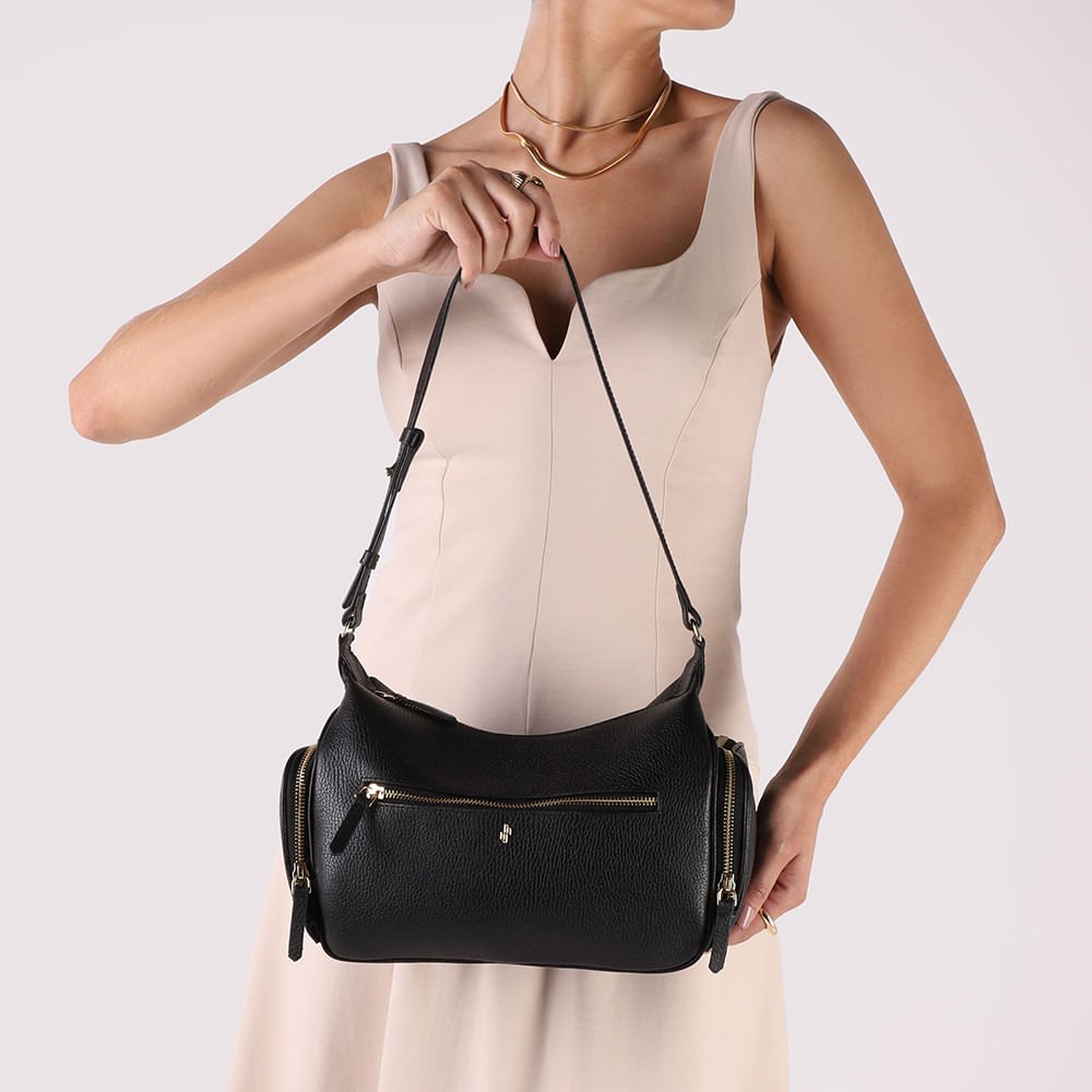 Bolsa Baguete Couro Preta Zíper Preto 4
