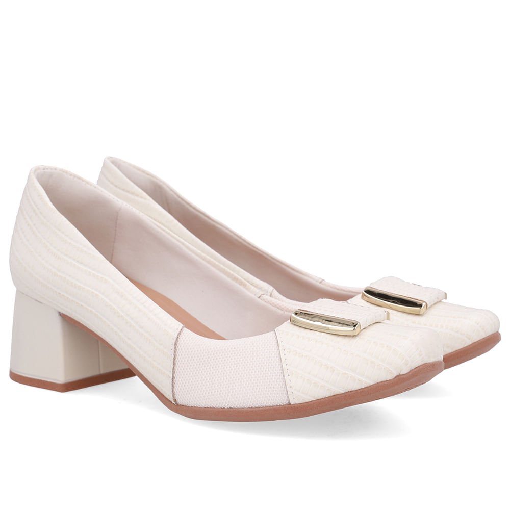 Scarpin Branco Marfim Tecido Lateral Couro Branco 2