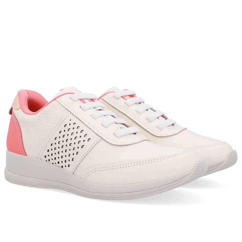Tênis Couro Branco Marfim Detalhe Lateral Marfim/Rosa 2