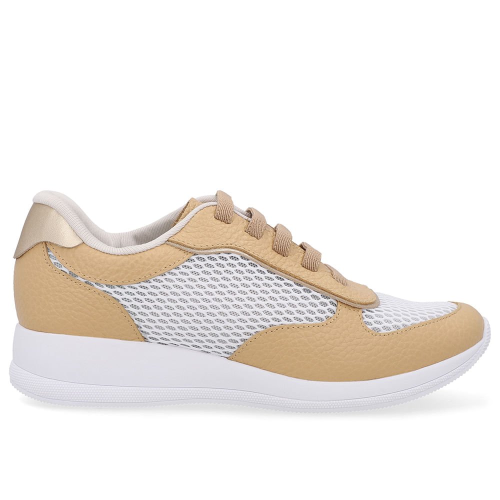 Tênis Casual Bege Creme Tecido Couro Bege/Branco 1