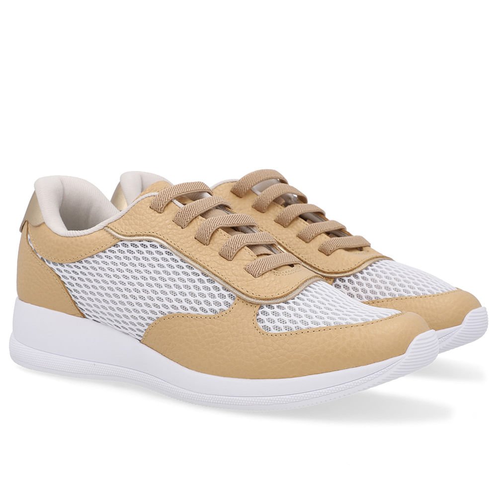 Tênis Casual Bege Creme Tecido Couro Bege/Branco 2