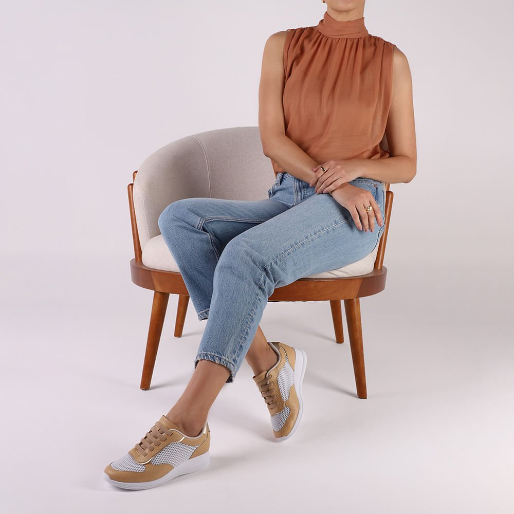 Tênis Casual Bege Creme Tecido Couro Bege/Branco 4