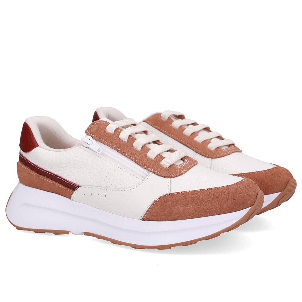 Tênis Couro Branco Zíper Lateral Branco/Terracota 2