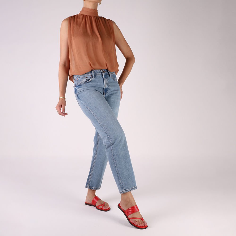 Rasteira Bico Quadrado Couro Vermelha Vermelho 4