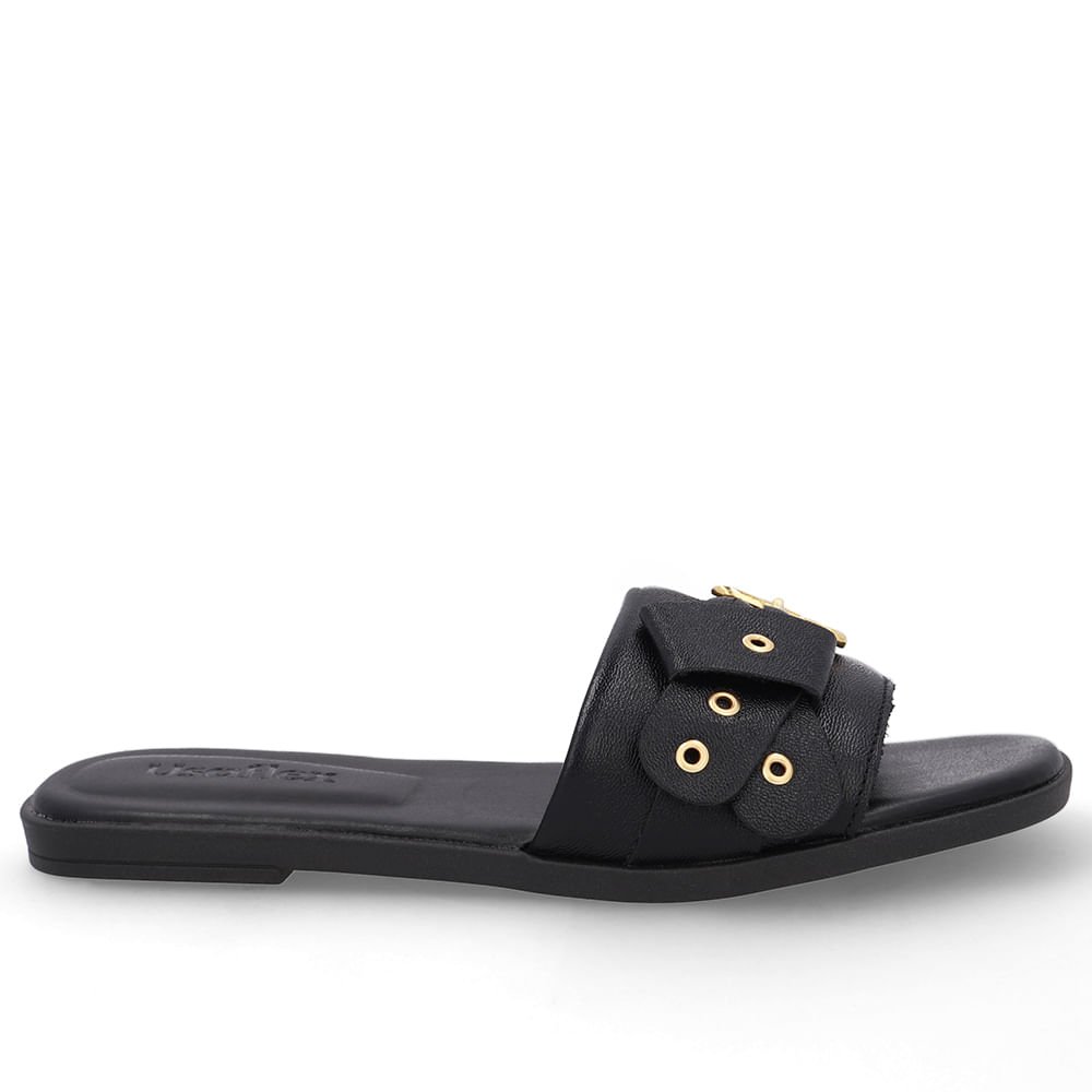 Rasteira Bico Quadrado Couro Preta Fivela