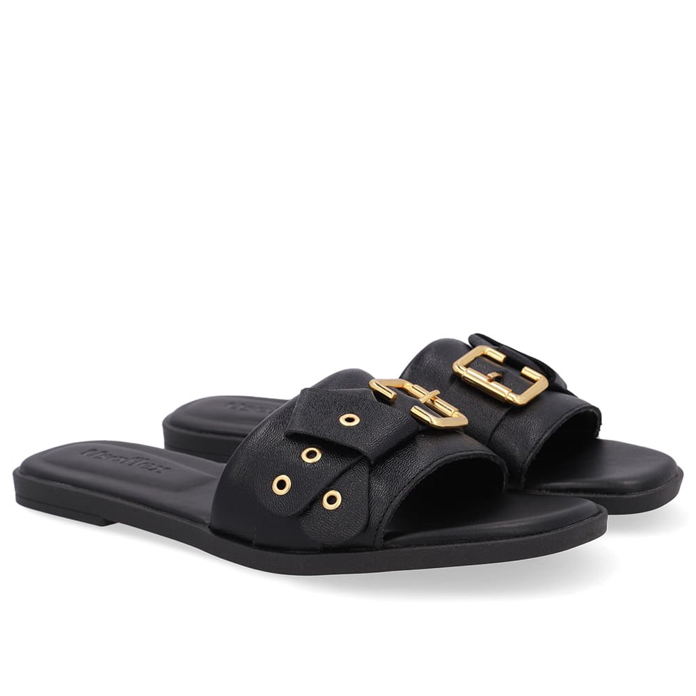 Rasteira Bico Quadrado Couro Preta Fivela Preto 2