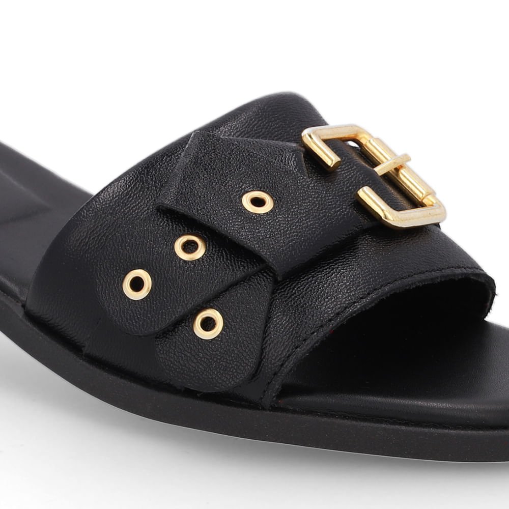 Rasteira Bico Quadrado Couro Preta Fivela Preto 4