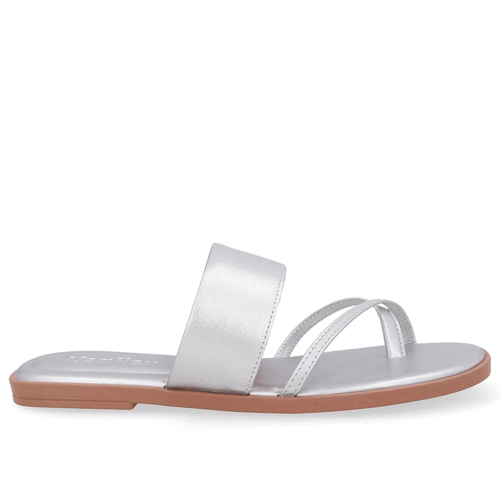 Rasteira Bico Quadrado Couro Prata