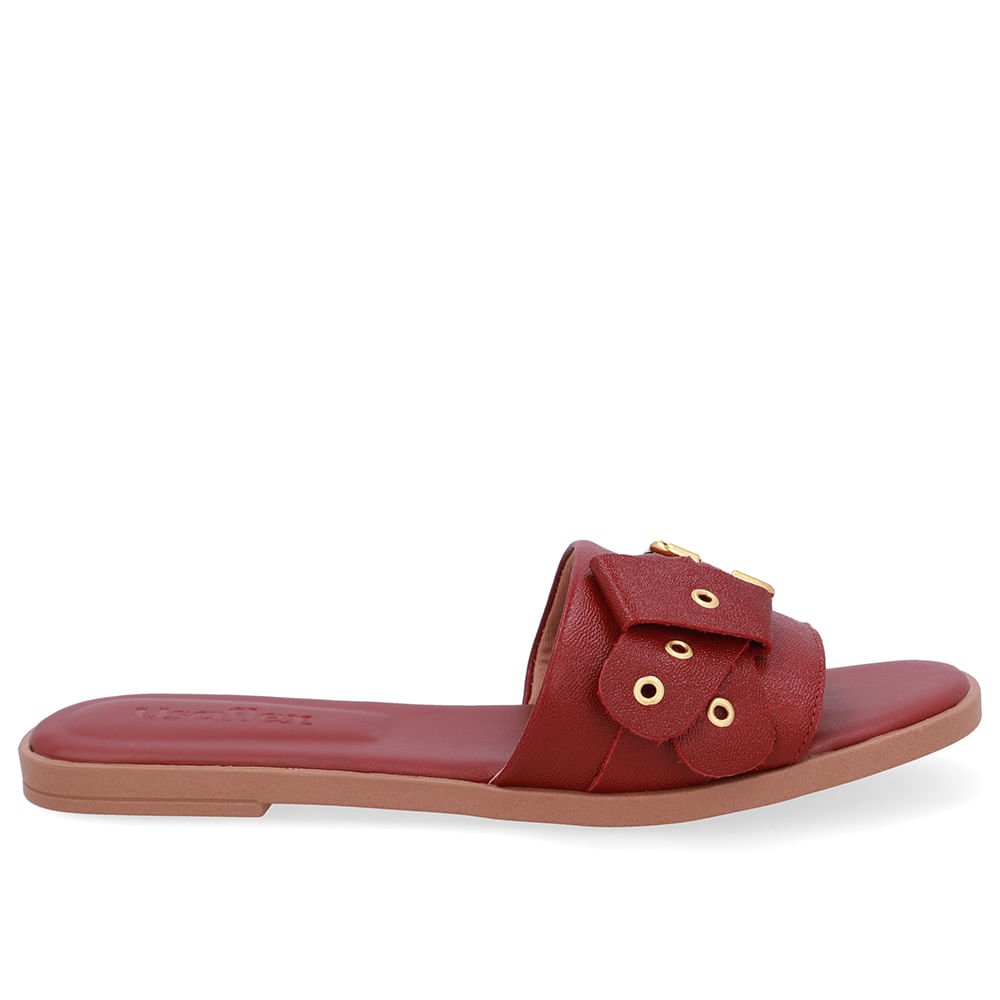 Rasteira Bico Quadrado Couro Vermelha Fivela