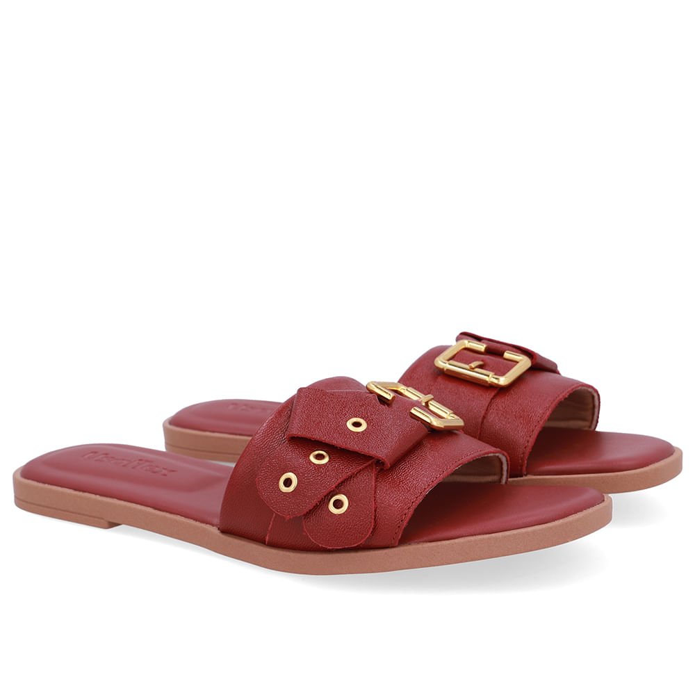 Rasteira Bico Quadrado Couro Vermelha Fivela Vermelho 2