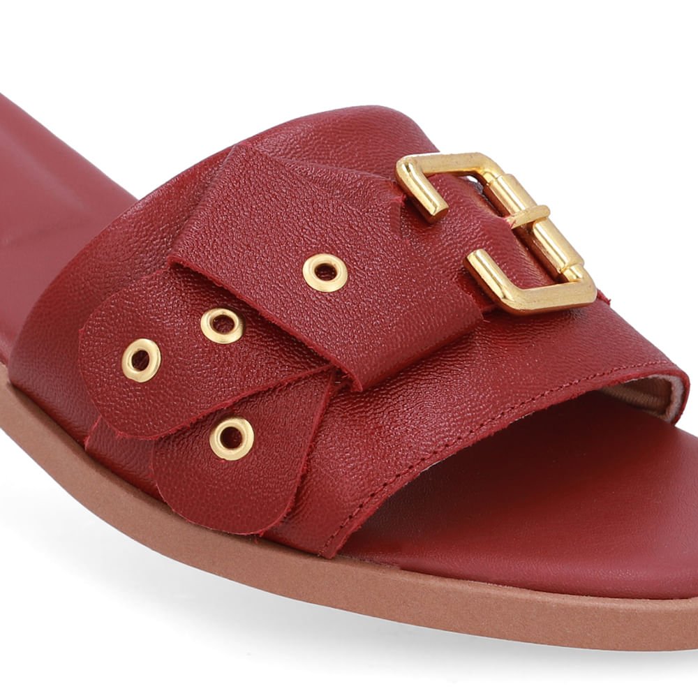 Rasteira Bico Quadrado Couro Vermelha Fivela Vermelho 4