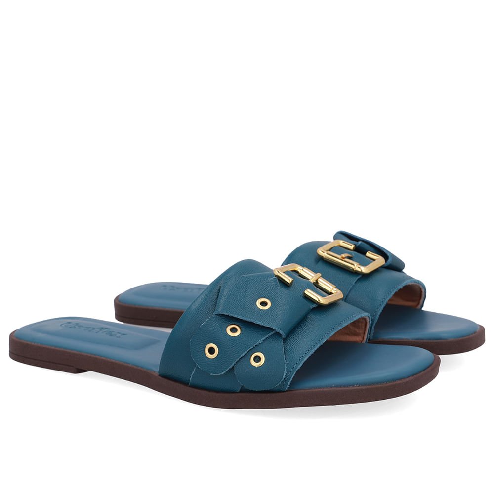 Rasteira Bico Quadrado Couro Azul Fivela Azul 2