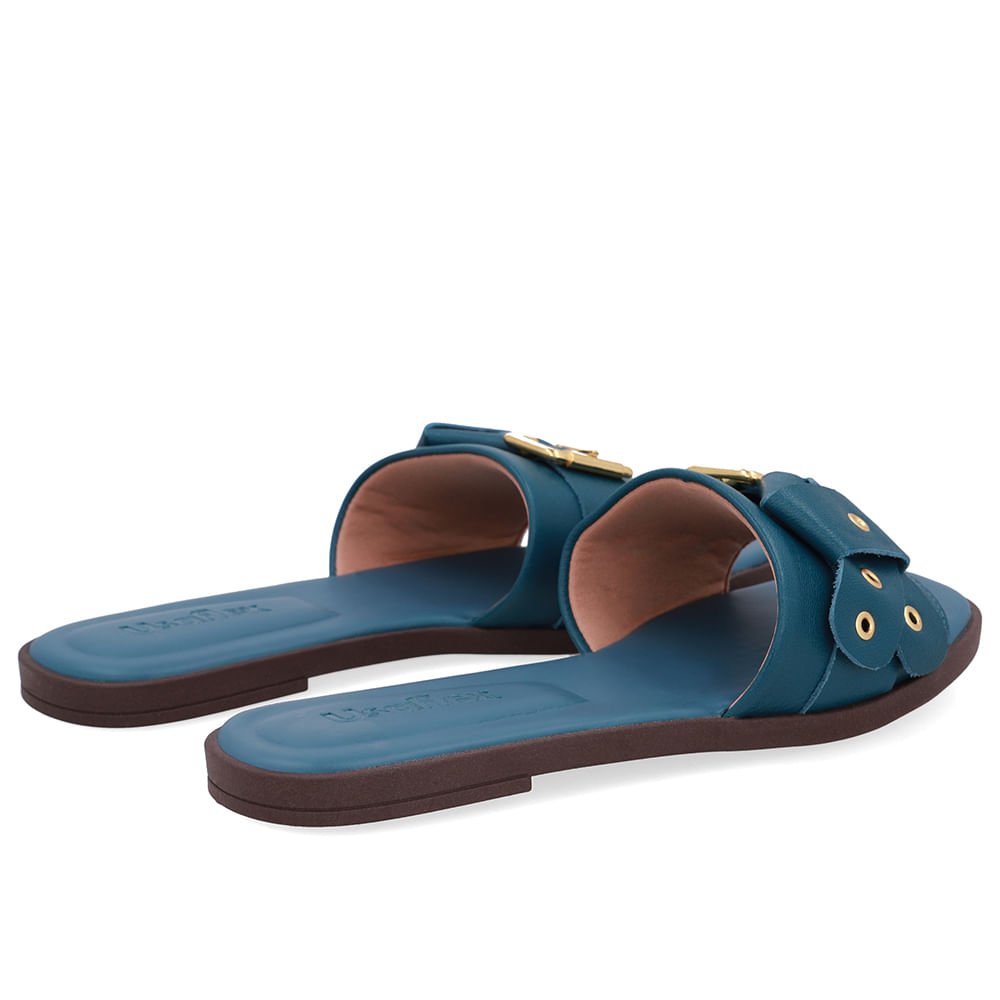 Rasteira Bico Quadrado Couro Azul Fivela Azul 3