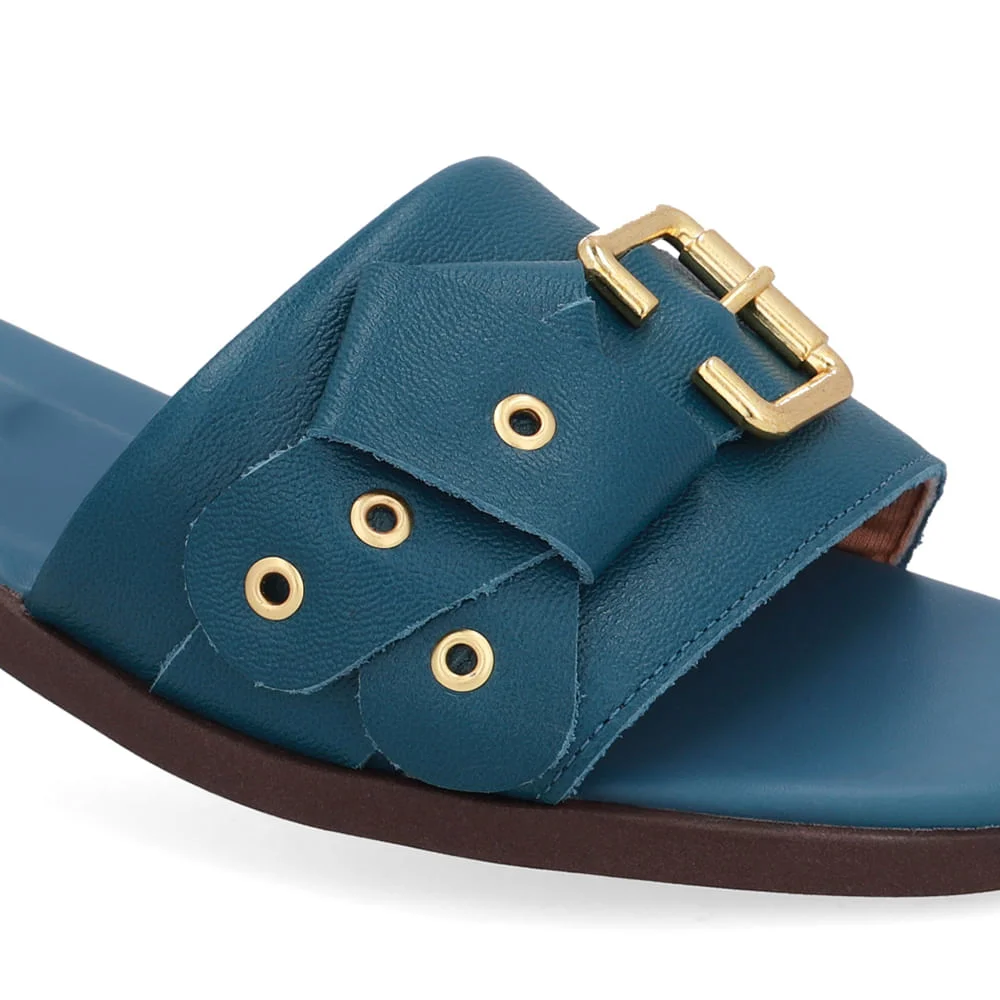 Rasteira Bico Quadrado Couro Azul Fivela Azul 4