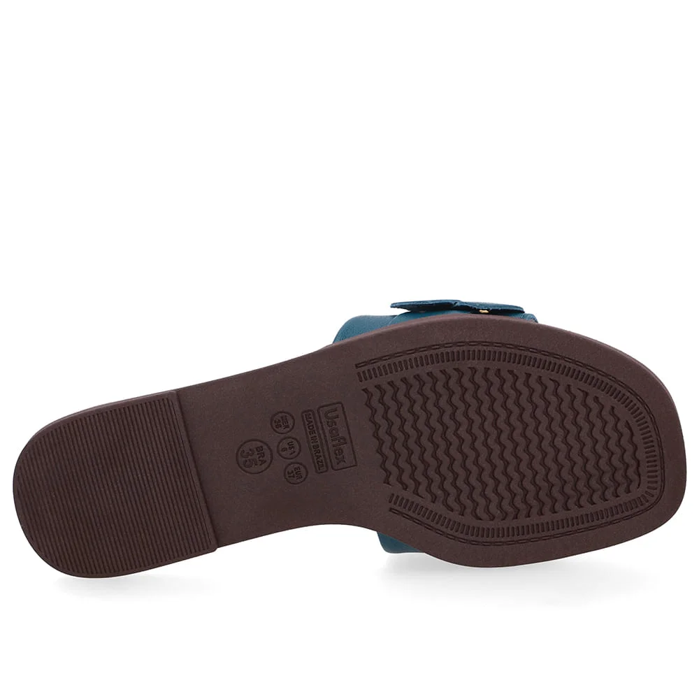 Rasteira Bico Quadrado Couro Azul Fivela Azul 5