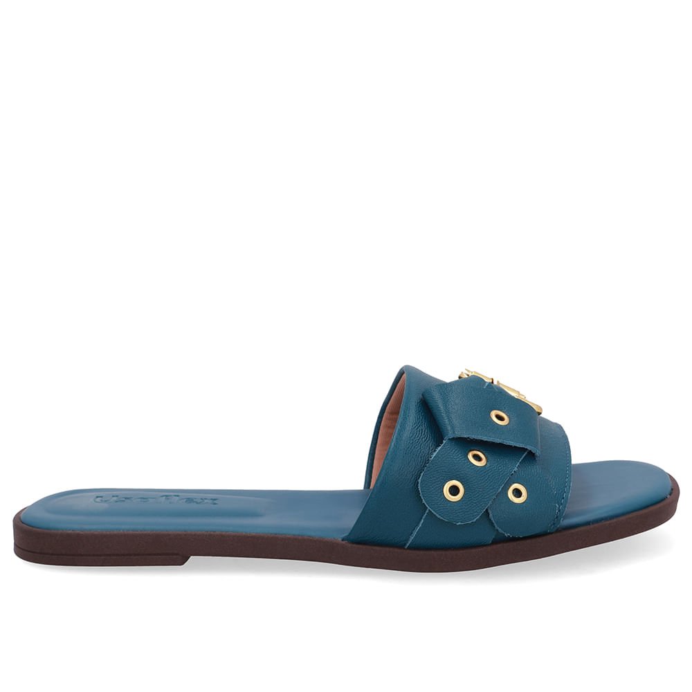 Rasteira Bico Quadrado Couro Azul Fivela