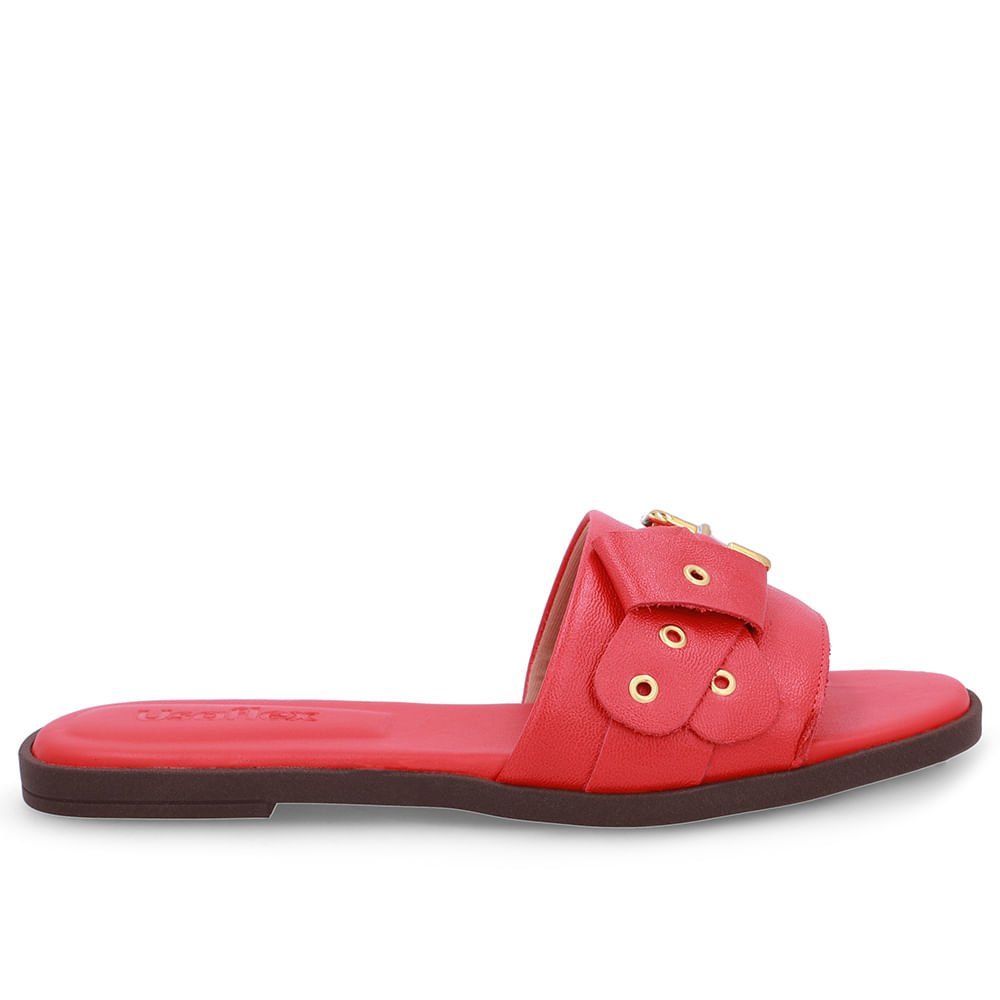 Rasteira Bico Quadrado Couro Vermelha Fivela