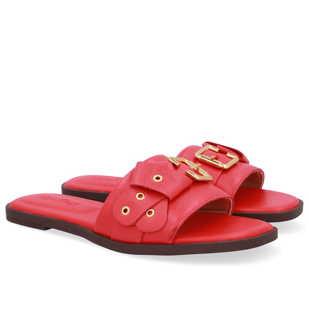 Rasteira Bico Quadrado Couro Vermelha Fivela Vermelho 2